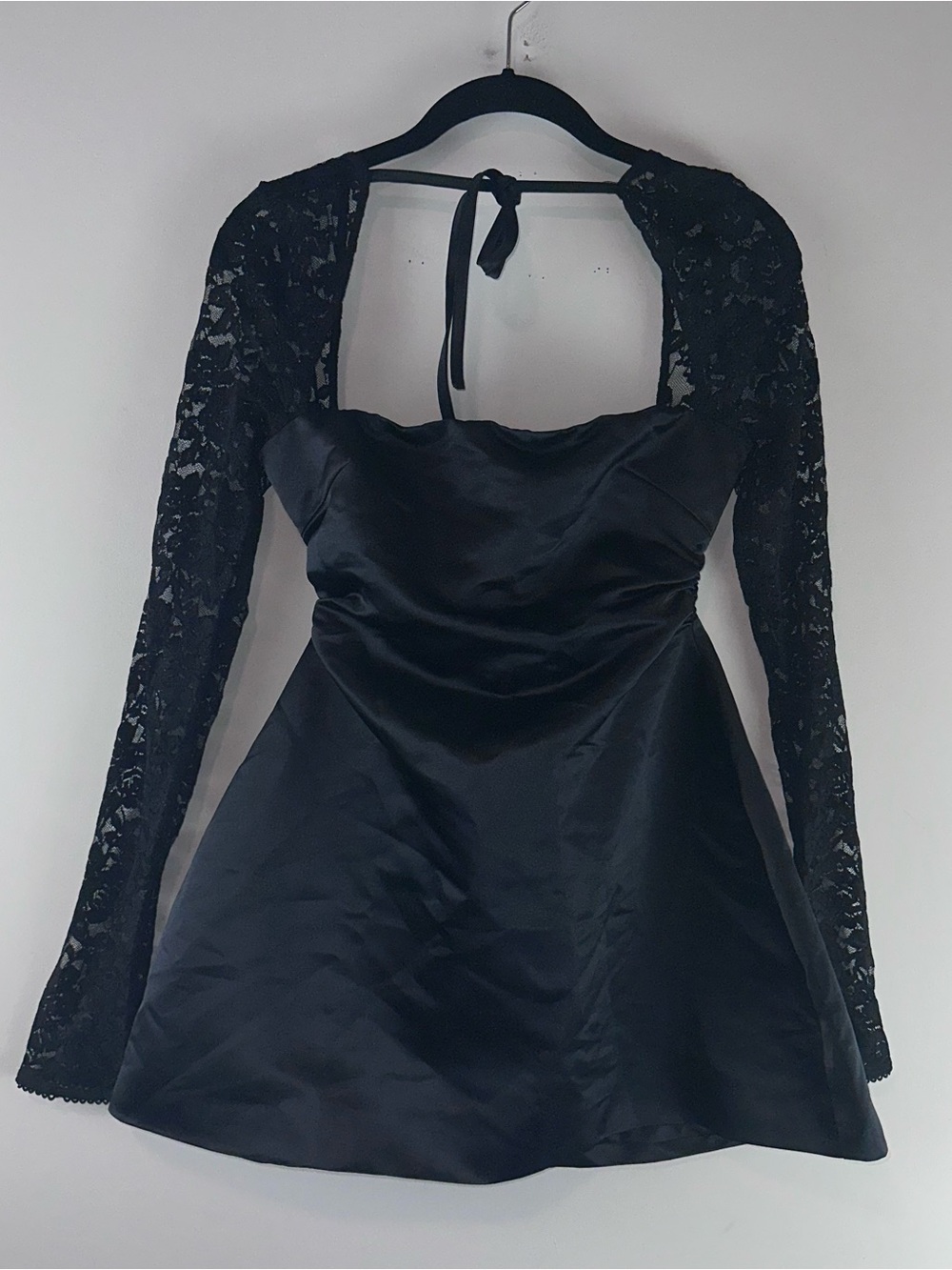 Babyboo Lace Long Sleeve Square Neck Black  Flare Mini Dress Size XS